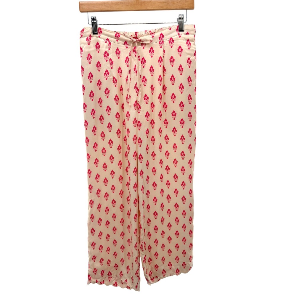 Punit Balana Ivory Pink‎ Booti Print Wide Leg Silk Pants Scallop Hem Size S
